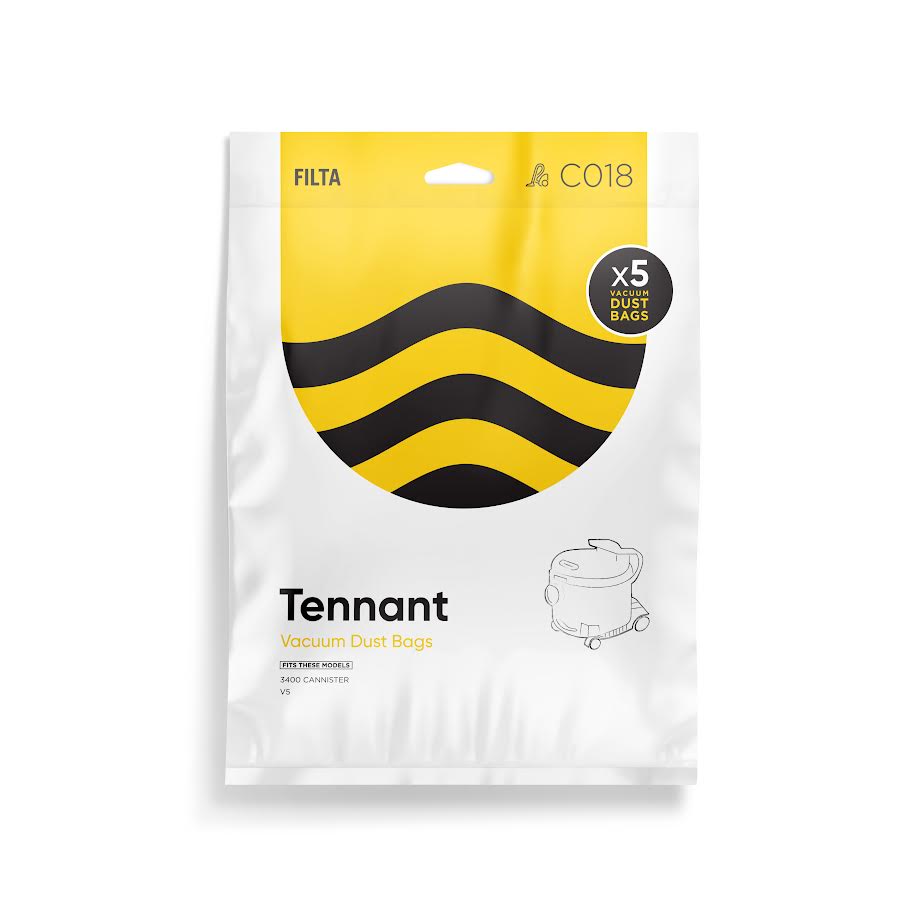 Packaging of Tennant Microfibre Vacuum Bags showing a yellow and black design with text and a graphic representation of the vacuum bag.