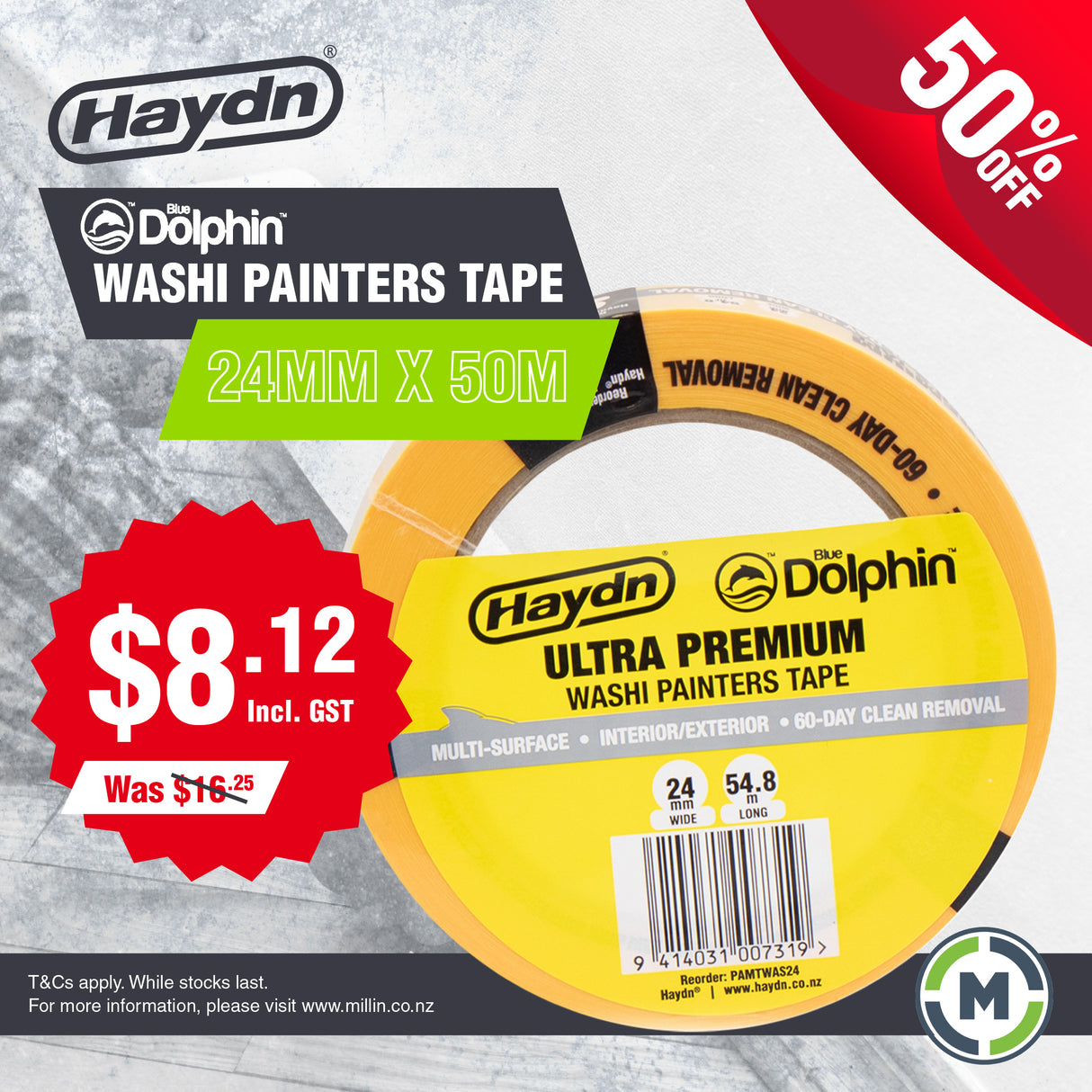 24mm Blue Dolphin Washi Painters Tape - The Flattest Tape For The Sharpest Paint Lines