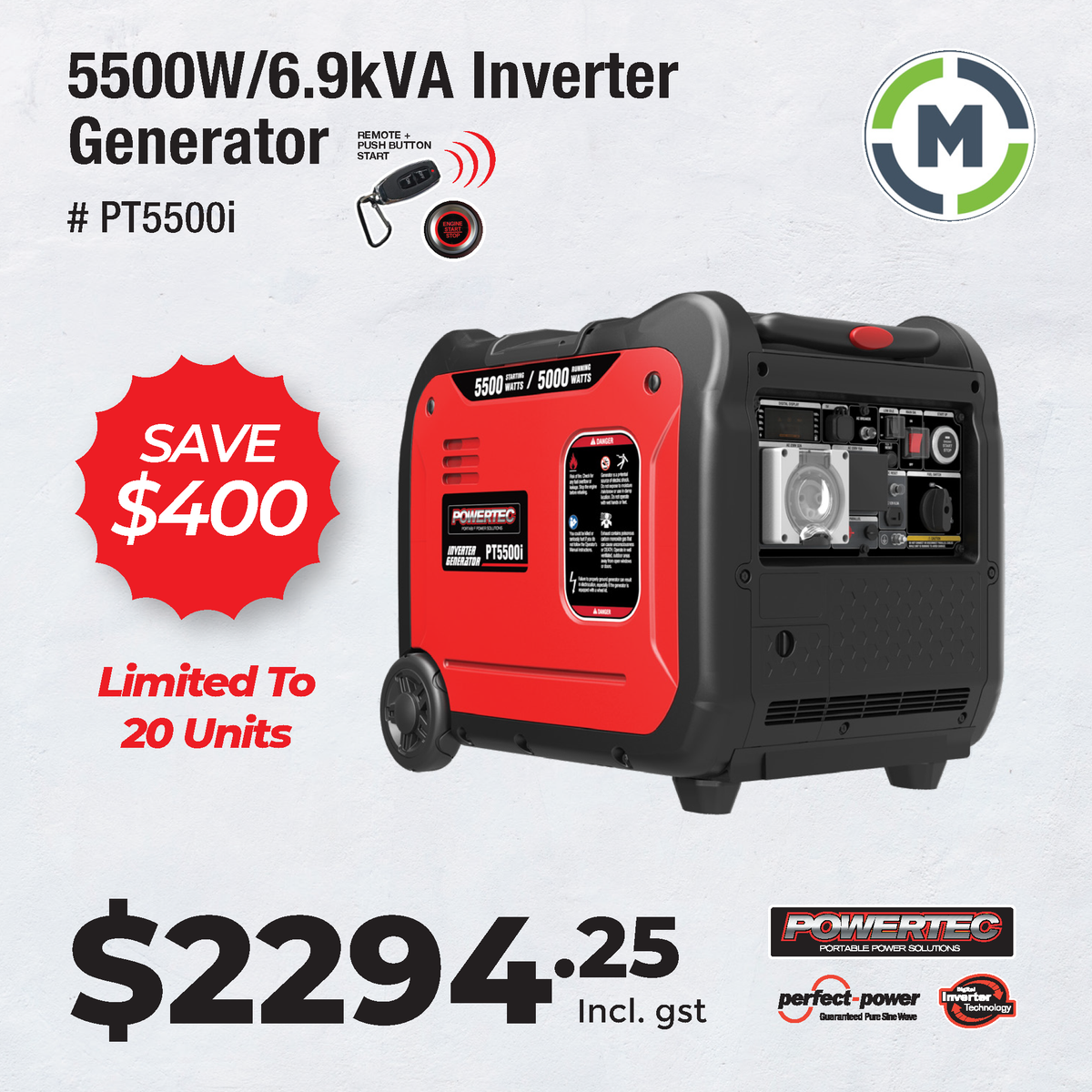 Powertec 5500W Inverter Generator - The Perfect Portable Power Solution - SAVE $$
