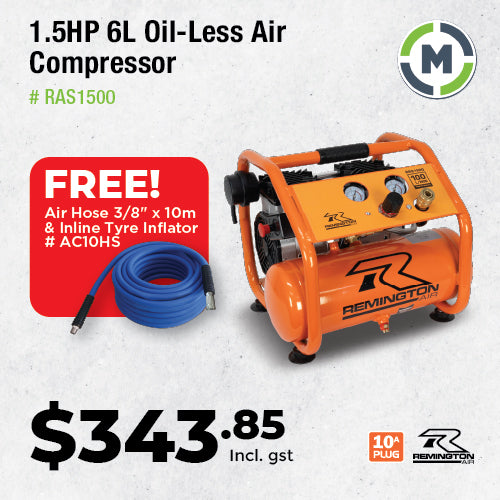 Remington 1.5HP Silent Oil-less Twin Pump Air Compressor - FREE 10M Viper Air Hose + Inline Tyre Inflator