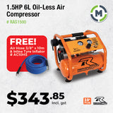 Remington 1.5HP Silent Oil-less Twin Pump Air Compressor - FREE 10M Viper Air Hose + Inline Tyre Inflator