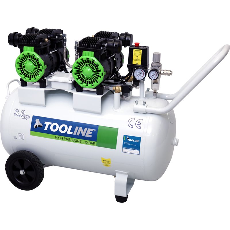 Tooline 70L Oilless Compressor - Twin 1100W Super Quiet Motors