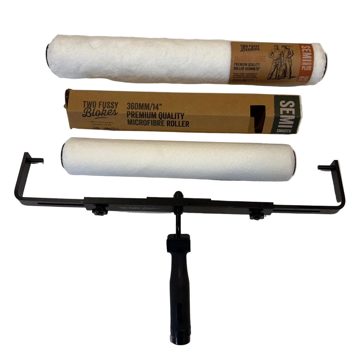 Paint roller with handle and replacement sleeve on a white surface