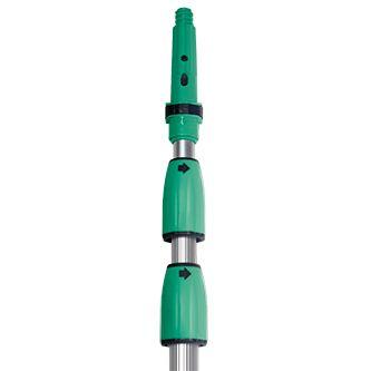 A telescopic window cleaning extension pole with green and silver colors, featuring ergonomic grips and anti-slip end cap.