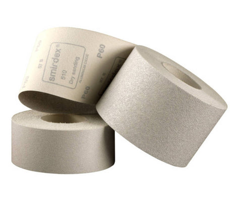 Three rolls of white Smirdex Velcro backed sandpaper with visible grit size labeling.