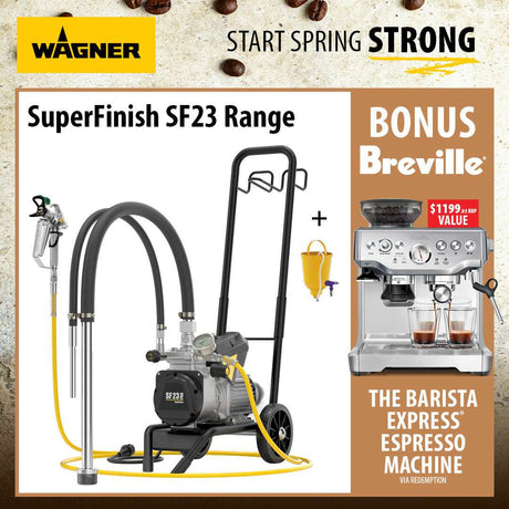 Wagner SuperFinish SF23 Range water pump and hose set shown with a Breville espresso machine offer on a textured beige background with coffee beans. The main product is a black and gray pump on a wheeled stand with yellow hoses and nozzles, alongside a promotional side panel offering a Breville espresso machine via reservation.