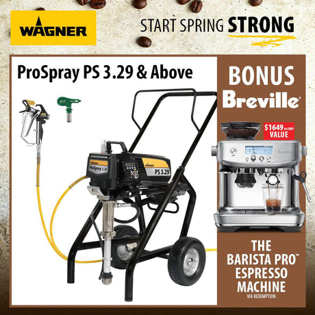 Wagner ProSpray PS 3.29 pressure washer shown with a hose and attachment on a white background, inside a promotional ad layout with Wagner branding, coffee beans, and a Breville espresso machine offer.