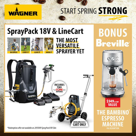 Wagner Spring Pack 18V & LineCart promotional flyer featuring the SprayPack 18V battery-powered line sprayer, two batteries, and a Breville espresso machine bonus offer on a beige textured background.