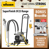 Wagner SuperFinish SF23 Range water pump and hose set shown with a Breville espresso machine offer on a textured beige background with coffee beans. The main product is a black and gray pump on a wheeled stand with yellow hoses and nozzles, alongside a promotional side panel offering a Breville espresso machine via reservation.