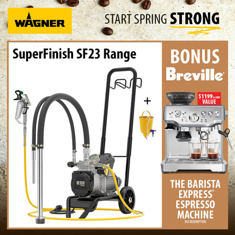 Wagner SuperFinish SF23 Range water pump and hose set shown with a Breville espresso machine offer on a textured beige background with coffee beans. The main product is a black and gray pump on a wheeled stand with yellow hoses and nozzles, alongside a promotional side panel offering a Breville espresso machine via reservation.