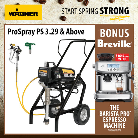 Wagner ProSpray PS 3.29 pressure washer shown with a hose and attachment on a white background, inside a promotional ad layout with Wagner branding, coffee beans, and a Breville espresso machine offer.