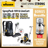 Wagner Spring Pack 18V & LineCart promotional flyer featuring the SprayPack 18V battery-powered line sprayer, two batteries, and a Breville espresso machine bonus offer on a beige textured background.