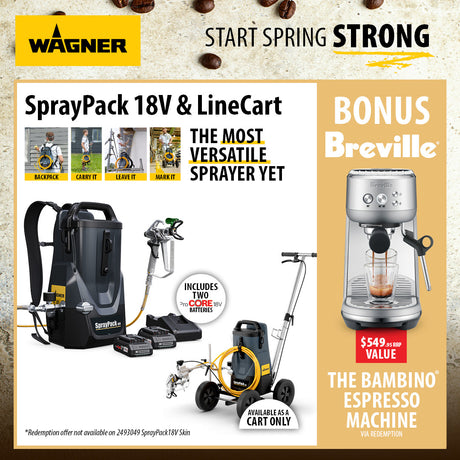Wagner Spring Pack 18V & LineCart promotional flyer featuring the SprayPack 18V battery-powered line sprayer, two batteries, and a Breville espresso machine bonus offer on a beige textured background.