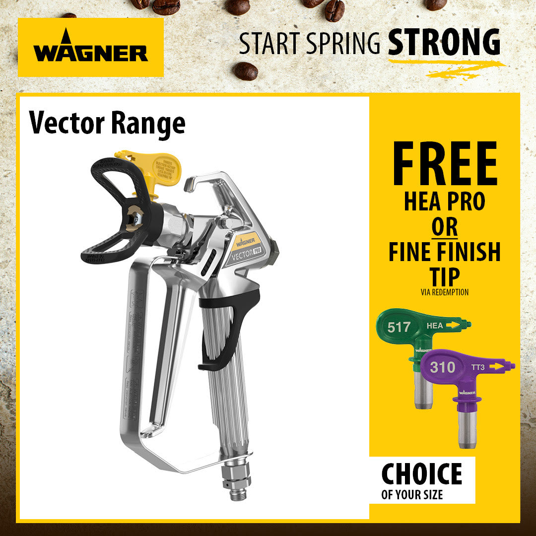 Wagner Vector Range pneumatic pressure washer nozzle shown on a promotional graphic with a white and yellow layout, including the text 'START SPRING STRONG' and 'FREE HEA PRO OR FINE FINISH TIP VIA REDEMPTION'.