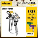 Wagner Vector Range pneumatic pressure washer nozzle shown on a promotional graphic with a white and yellow layout, including the text 'START SPRING STRONG' and 'FREE HEA PRO OR FINE FINISH TIP VIA REDEMPTION'.