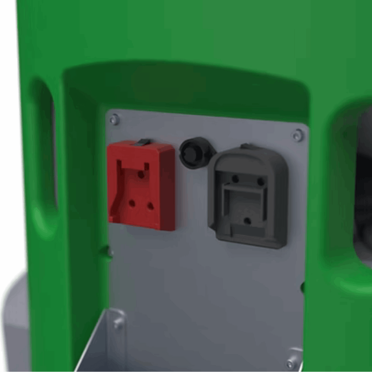 Green electrical panel with red and gray sockets on a white background