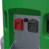 Green electrical panel with red and gray sockets on a white background