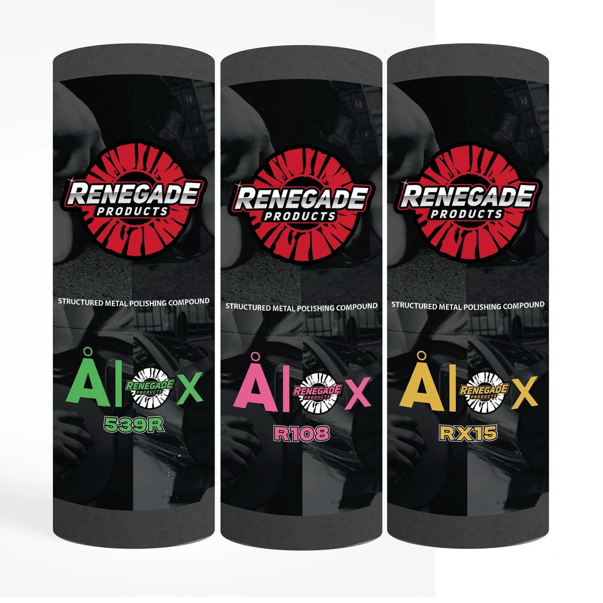 Three containers of Renegade Products with different compounds on a white background