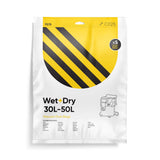 A pack of 5 yellow and black striped vacuum bags for 30L-50L wet and dry vacuums, with a white background and branding visible.