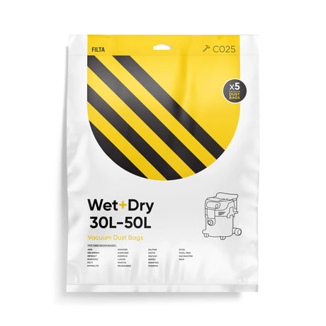 A pack of 5 yellow and black striped vacuum bags for 30L-50L wet and dry vacuums, with a white background and branding visible.