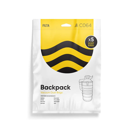 A pack of Filta microfibre vacuum bags for backpack vacuums, containing 5 bags per pack, displayed in a branded packaging with yellow and black design elements.