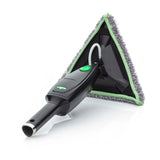 Window cleaning tool with a black handle and green accents on a white background