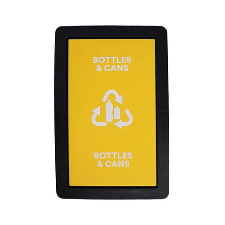 A recycling bin cover with a black outer frame and a bright yellow center panel featuring the text 'BOTTLES & CANS' and a white recycling symbol.