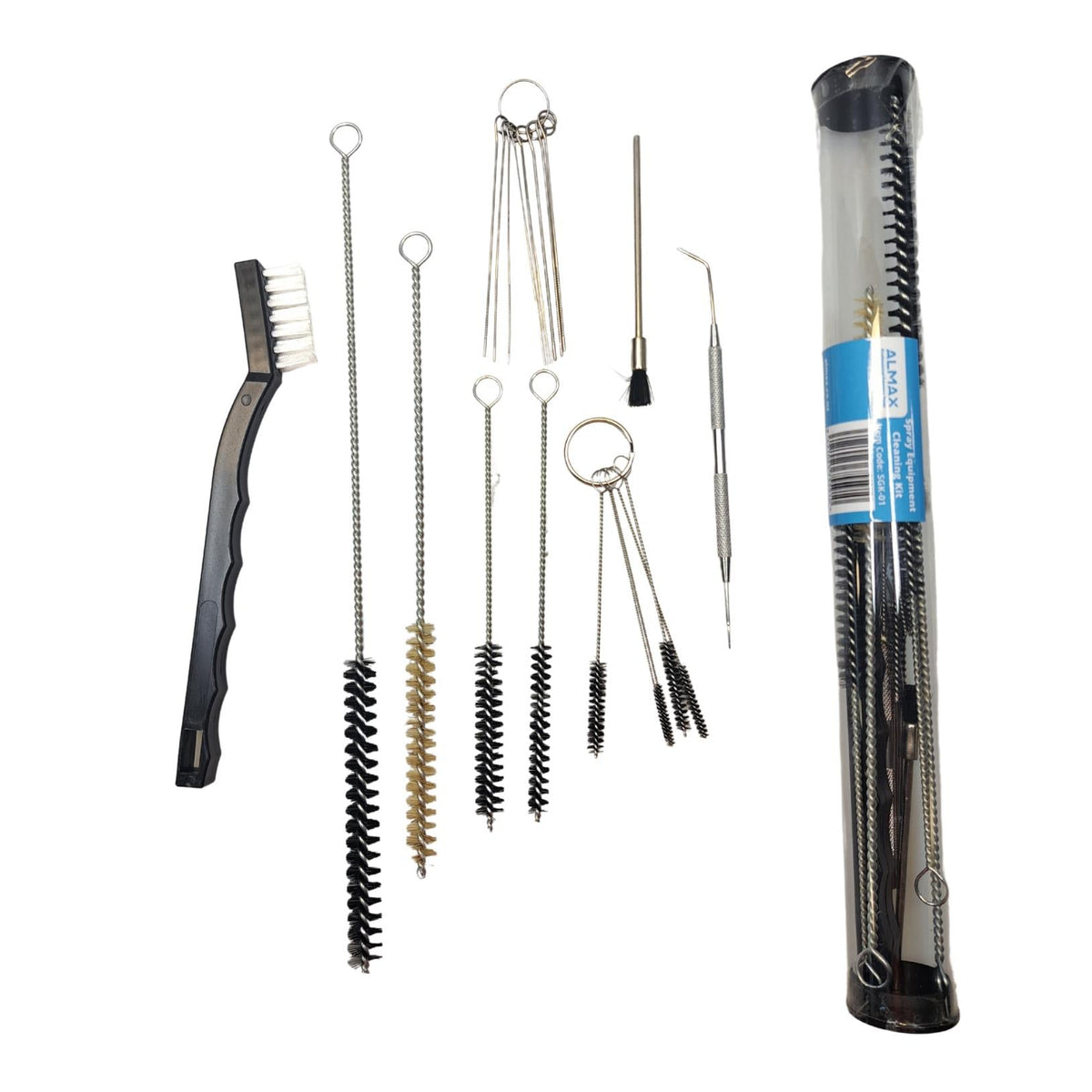 A cleaning tool set with multiple metal and plastic brushes, hooks, and tools arranged on a white background, alongside a clear plastic storage case with a blue label.