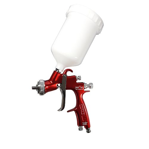 A red spray paint gun with a white plastic paint cup, shown against a plain white background.