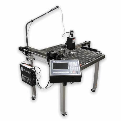 A large industrial CNC milling machine with a diamond-plate patterned work table, a vertical arm, a digital control panel, and an external power supply on a white background.