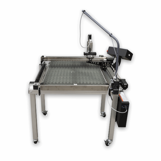 A large industrial laser marking machine with a silver aluminum frame, black control components, and a flexible black arm, shown on a plain white background.