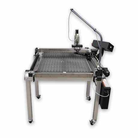 A large industrial laser marking machine with a silver aluminum frame, black control components, and a flexible black arm, shown on a plain white background.