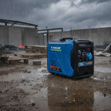 Blue and black portable power station with visible branding on a white background