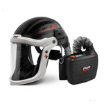 A black and whiteVanguard helmet with a clear face shield, shown with an attached black air compressor hose on a white background.
